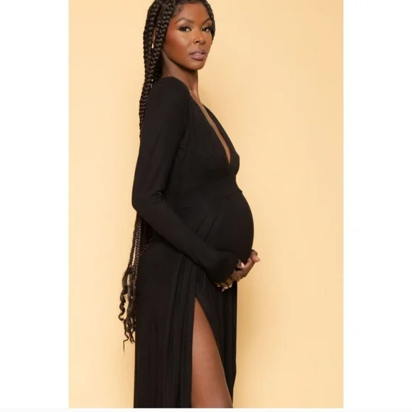 Bump Biddy Narine NEW Plunge Maxi Maternity Dress Sexy High Slits Black Size M - Picture 3 of 16